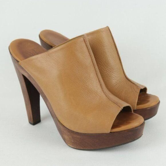 Diane Von Furstenberg Faye Women's Size 6.5 Tan Leather Open Toe Wood Sole Mule - Picture 1 of 10